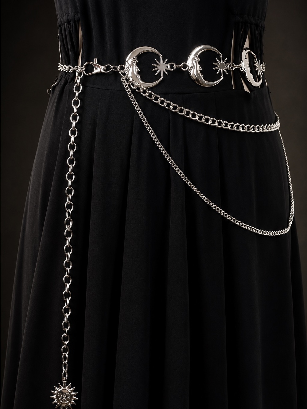 Silver tone Celestial Moon & Star Chain Belt - Picture 3 of 4